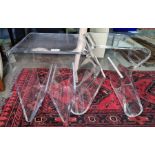 A contemporary clear perspex coffee table, square top, with zigzag base, 41cm high and another