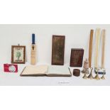 19th century brass cribbage board, an autograph book, a miniature cricket bat, various rulers, a