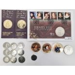 Two various Royal family commemorative coins, Millennium coins and a leather-cased 50ft tape measure