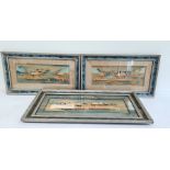 Three Oriental relief pictures depicting pagodas in a landscape, one larger, two smaller, 32cm x