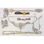 Two various 9ct gold watches, a collection of brooches, costume necklaces, etc (3 boxes)