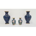 Pair of modern Chinese cloisonne blue vases and a smaller pair of cloisonne vases decorated with