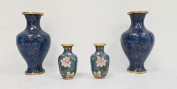 Pair of modern Chinese cloisonne blue vases and a smaller pair of cloisonne vases decorated with