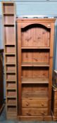 20th century narrow pine bookcase with two drawers under, a bedside chest of three drawers and an