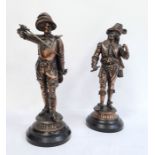 Pair of 19th century French bronzed-finish spelter figures of cavaliers, each in feathered hat and