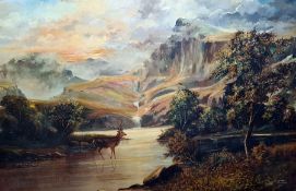 Colston E Orchard (20th century) Oil on canvas Stag in river in mountainous landscape, signed and