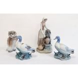 Nao porcelain figure of girl at well, a Nao model owl and two model ducks (4)