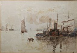 JHS (20th century school) Watercolour  Ships at harbour, initialled lower right, 23.5cm x 34cm