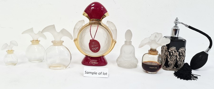 Two boxes of assorted perfume bottles to include frosted glass example 'Miss Dior', 'Marcus