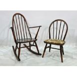 Dark elm seated Ercol stickback rocking chair and one further chair (2)