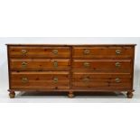 20th century pine chest of six short drawers raised on turned feet, 164cm x 70cm