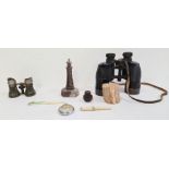 Cornish ware carved stone lighthouse, a pair of binoculars, a pair of opera glasses, carved bone
