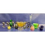Quantity of coloured glassware, to include an amber frosted oval fan-shaped vase, 31cm wide, a green