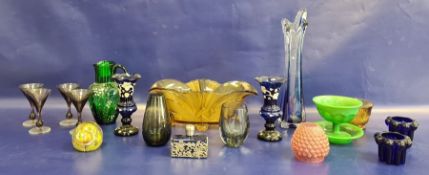 Quantity of coloured glassware, to include an amber frosted oval fan-shaped vase, 31cm wide, a green