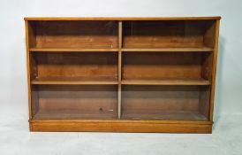 20th century oak low bookcase with glass sliding doors enclosing shelves, plinth base, 138cm x 86cm