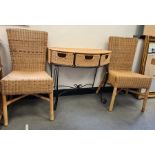 Wicker and iron hall table with three drawers and two wicker side chairs (3)