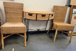 Wicker and iron hall table with three drawers and two wicker side chairs (3)