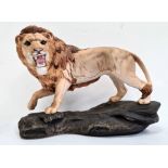 Beswick tinted bisque porcelain model lion on rockwork, 30cm wide