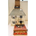 20th Century white painted dolls house, with painted tree to front,a Playtime glass dishes (boxed)