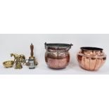 Arts & Crafts copperware jardiniere, a swing-handled cauldron, various brass horses, a pewter