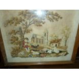 Late 19th century petitpoint needlework picture showing a boy sitting with a dog, dogs in the