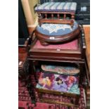 Piano stool, a needlework-topped stool, a further stool, etc (5)