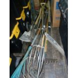 Collection of garden tools including small and large digging forks and spades, Dutch and push hoes