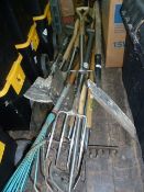 Collection of garden tools including small and large digging forks and spades, Dutch and push hoes