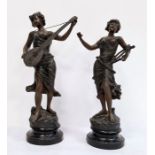Pair of spelter figures of ladies playing musical instruments, stamped 'TR Richard'  Condition