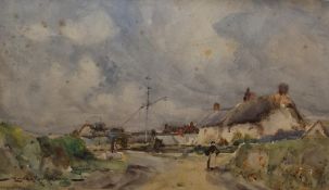 Eyres Simmons (1872 - 1955) Watercolour  Coastal scene with cottage and figure on a lane, signed