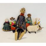 Vintage felt doll dressed as French Legionnaire (damaged), five other felt and other dolls and