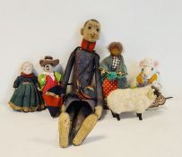 Vintage felt doll dressed as French Legionnaire (damaged), five other felt and other dolls and