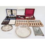 Various plated flatware, a wooden corkscrew, trays and other plated items (2 boxes)