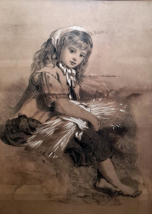 L V Wils(?) Charcoal drawing  Study of a girl holding a bale of hay, signed indistinctly lower
