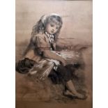 L V Wils(?) Charcoal drawing  Study of a girl holding a bale of hay, signed indistinctly lower