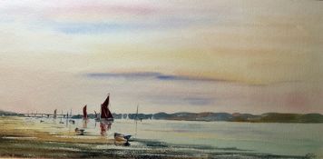 Richard J Cox (contemporary) Watercolour drawing  Boats with bridge in distant background, signed