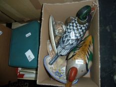 Two painted ornamental ducks, six tumblers, a wall hanging, assorted collectables and a small