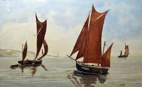 Raf King Watercolour  Sailing boats in estuary, signed lower right, 26cm x 41.5cm