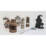 WITHDRAWN 19th century wrought iron door stop of Mr Punch, a collection old miner's lamps, etc