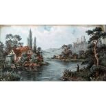 Unattributed Pair watercolour drawings  River scene, man fishing with a castle ruin in background (