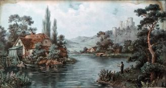 Unattributed Pair watercolour drawings  River scene, man fishing with a castle ruin in background (