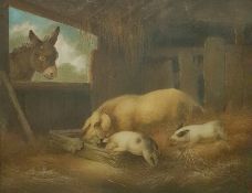 Benjamin Zobel (1762-1831) Marmotinto (sand picture) Study of pigs in barn, a donkey looking through