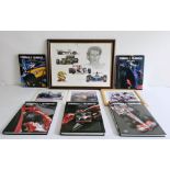 Collection of Formula 1 yearbooks 2002-2009, various signed racing prints and a Stuart McIntyre