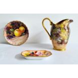 Royal Worcester fruit painted jug by E. Townsend, printed puce marks, 20th century, painting with