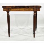 19th century rosewood card table, the rectangular top with curved front corners, opening to reveal