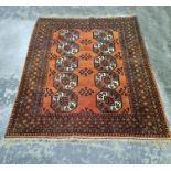 Brown ground Persian rug with 10 elephant foot guls, stepped border, 212 x 156cm