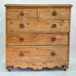 Late 19th/early 20th century pine chest of two short over three long drawers, turned feet, 105cm x