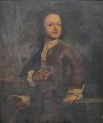 English school  Oil on canvas Half-lenth portrait of boy in brown coat and white shirt, dog's head