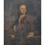 English school  Oil on canvas Half-lenth portrait of boy in brown coat and white shirt, dog's head