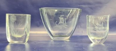 Scandinavian-style glass vase of flattened and flared form, engraved Viking ship to side, 15cm